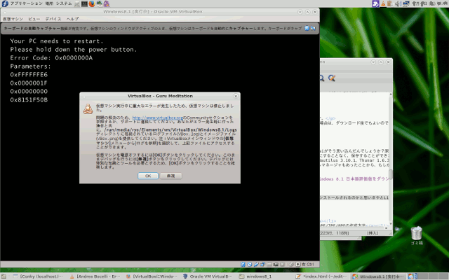 VirtualBox上のWindows 8.1 x86/32bit日本語評価版インストールエラー画面
