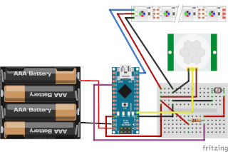 Arduino/WS2812B LEDテープ/HC-SR501版鳥よけ装置回路 by Fritzing