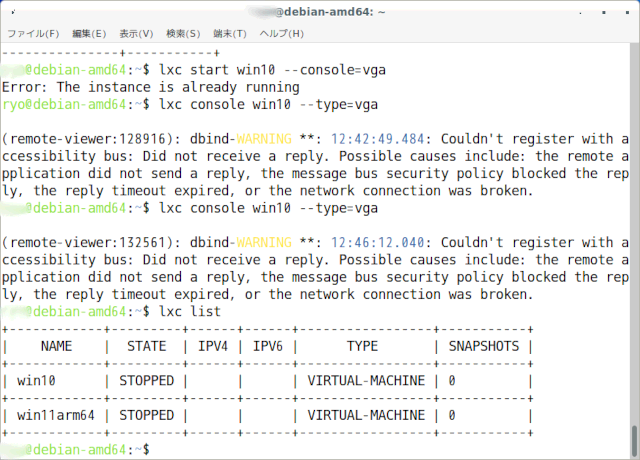 Debian bullseye amd64/LXD仮想マシンにインストール中のWindows 10 x86_64