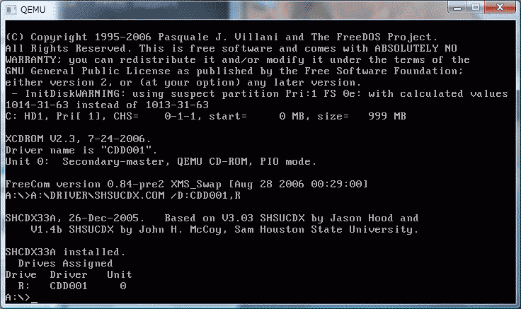 QEMU仮想マシン上の起動ディスク用FreeDOS